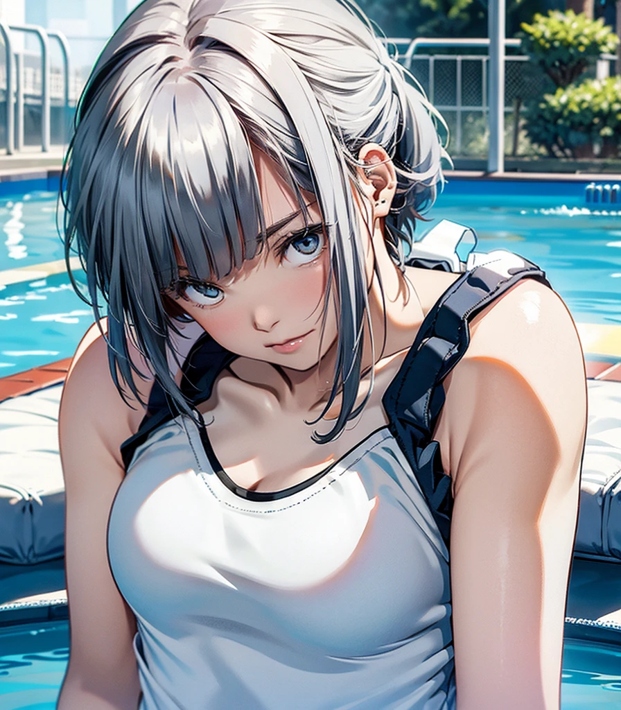 very cute and beautiful girl, (highly detailed beautiful face), (blue school swimsuit), sweat, wet, waterdrop, school swimming pool, looking at viewer, (platinum silver hair:1.5), (bob cut:1.6), (bang between eyes:1.4), (glossy silver eyes:1.5), large breasts, little smile, (best quality, masterpiece), absurdres, highres, ultra-detailed, extremely detailed, 32k, cinematic scene, detailed background, solo, (on the table:1.2)