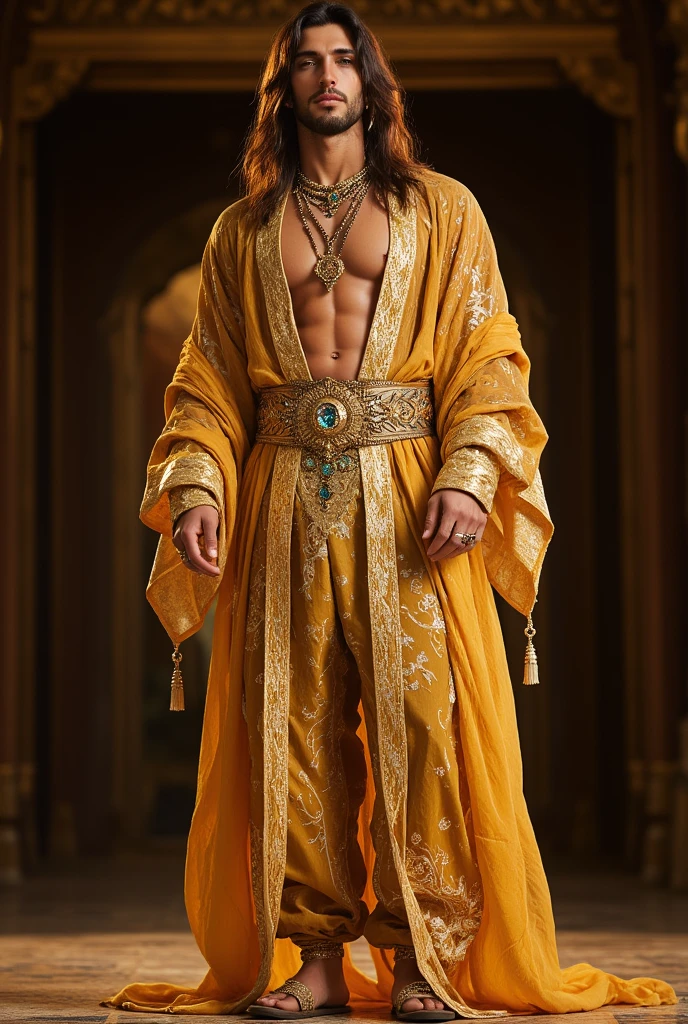 (Scarred body),(Wearing a black robe embroidered with gold patterns:1.5),king,16k high quality detailed art,(Wearing royal accessories:1),(Golden Tiger:1.1), (((White and golden fur:1.5))),(Duotone),(A pair of eyes of different colors, One eye has a golden eye，The other eye has a blue eye:1.7),Both eyes are the same size:1.4),(Muscular body:1.3),Handsome,(OK),(Perfect face),(Exhausted:1.1),(Gold and white skin:1.3),(Full body description:1.3),Publaz, (Golden Tiger:1.1), (((Gold and white fur:1.3))),Handsome, (OK),Express,(Royal Palace Background),(Frightened expressions:1.3),(Golden Tiger tail),不同的Express,(A perfect masterpiece),(32k),(Abdominal muscles:1.3),(((middle aged:1.4))),(36 years old),(Gold Stripes),alone,(Black sideburns:1.2),(black beard:1.3),(Black Chin:1.3),(golden face pattern:1),(Very rich facial details:1.3),(Strong),(Mighty pose:1.3),Front view,(CG),(HD),(Black hair),Clothes are messy,Full body portrait,(Detailed background:1.3)