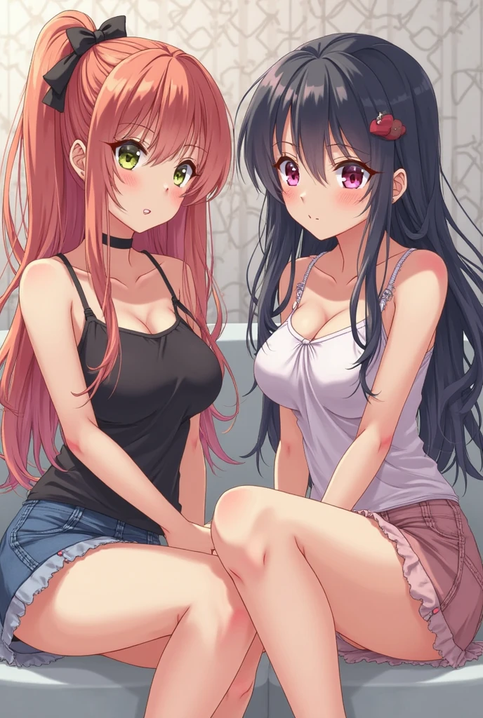 satoko houjou, rika furude, Higurashi, (2girls:1.5), best quality, ultra-detailed, high resolution, extremely detailed cg, unity 8k wallpaper, masterpiece, perfect body, anime picture, femsub, BDSM, (back to back:1.5), storeroom, dark room, back on back, arms behind own back, yokozuwari, bound legs, (tied together:1.5), bound thighs, arms behind back, tied up wrist together behind own back, tears, sitting, gag, gagged, hands on back, Tape Gag, whole body bondage, brown long hair, blonde long hair, small breasts, light violet panty, black bra, pink panty, grey bra,