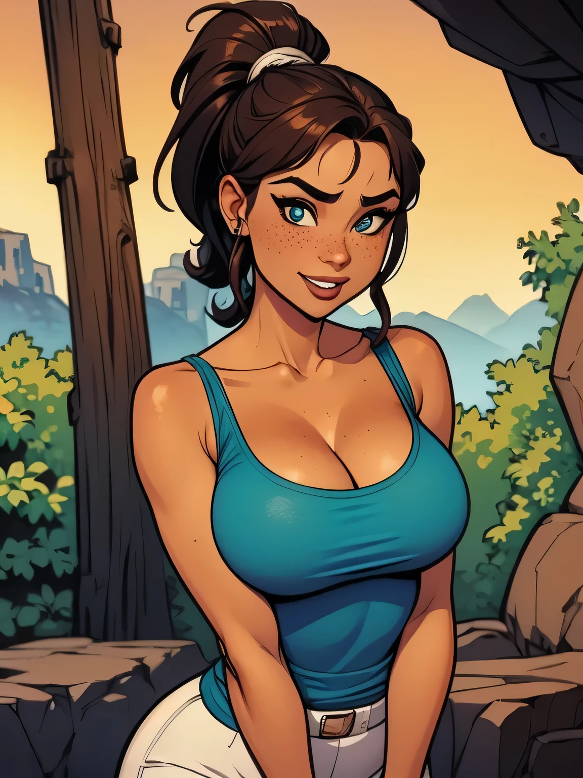 Thin woman, Lara Croft, beautiful smiling, teal v-neck dress, brown belt, brunette skin, brown hair with ponytail, eyes browns, busty. comic style.