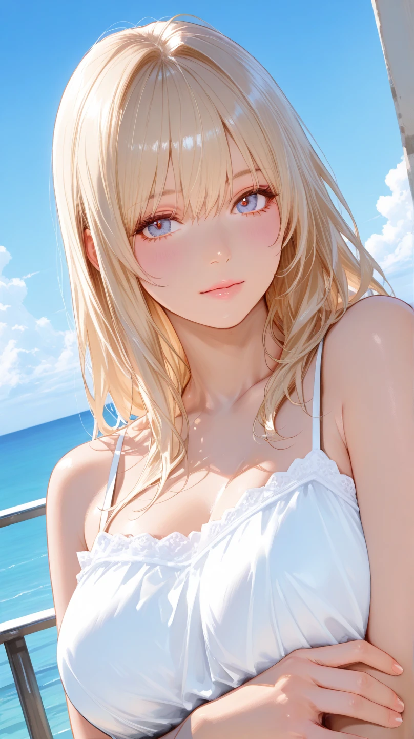 NFSW, 1 female, face, (((1 female:1.37, alone))), (((faceのクローズアップ))), (美しいface, かわいいface, 詳しいface), ((( golden hair, medium long hair, pulled my hair back, wavy hair))), (((Detailed beautiful green eyes))), break, (((Sunny))), (((on the beach))), (((White sheer blouse, Microblouse, No sleeve))), break, Highly detailed CG integrated 8k wallpaper, very fine 8KCG wallpaper, anime moe art style, Anime visuals of cute girls, anime style portrait, anime style, beautiful anime, 8K Anime Art Style, in anime style、8K animation with detailed drawings, (masterpiece, highest quality), High resolution, super detailed, super sharp, cinematic lighting