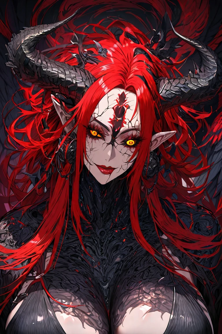 a close up of a woman with a skeleton face and a red background, demon woman, woman made of black flames, scary color art in 4 k, alluring and terrifying, snake-face lady, dark goddess with six arms, stefan gesell, karol bak uhd, anime skull portrait woman, beautiful octopus woman, snake woman hybrid, skeleton girl, snake woman