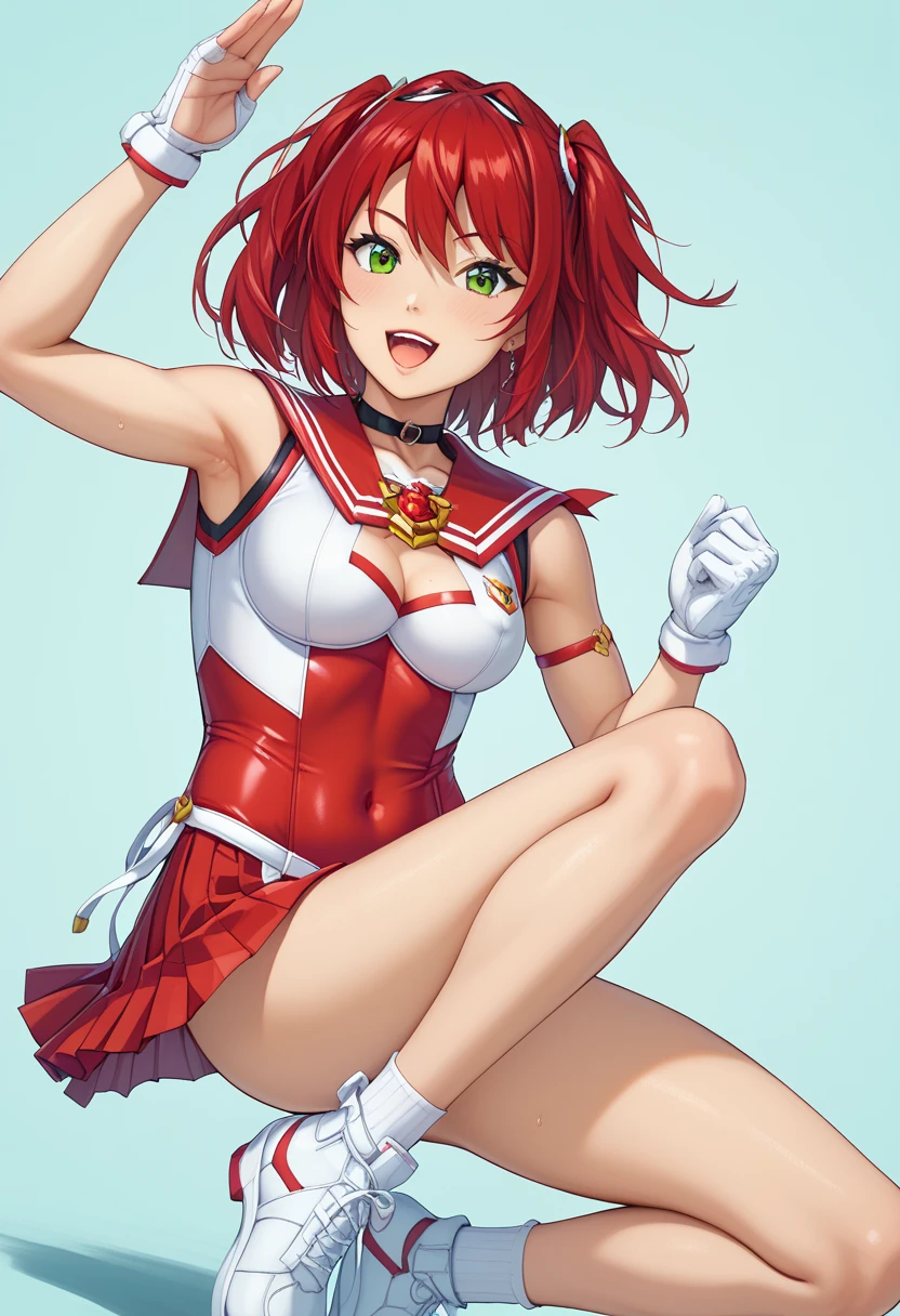 masterpiece, best quality, ultra-detailed, 1girl, solo, green eyes, smile, short hair, red hair, two side up, small breasts, sleeveless, short skirt, white gloves, thighhigh, white underwear, POV,