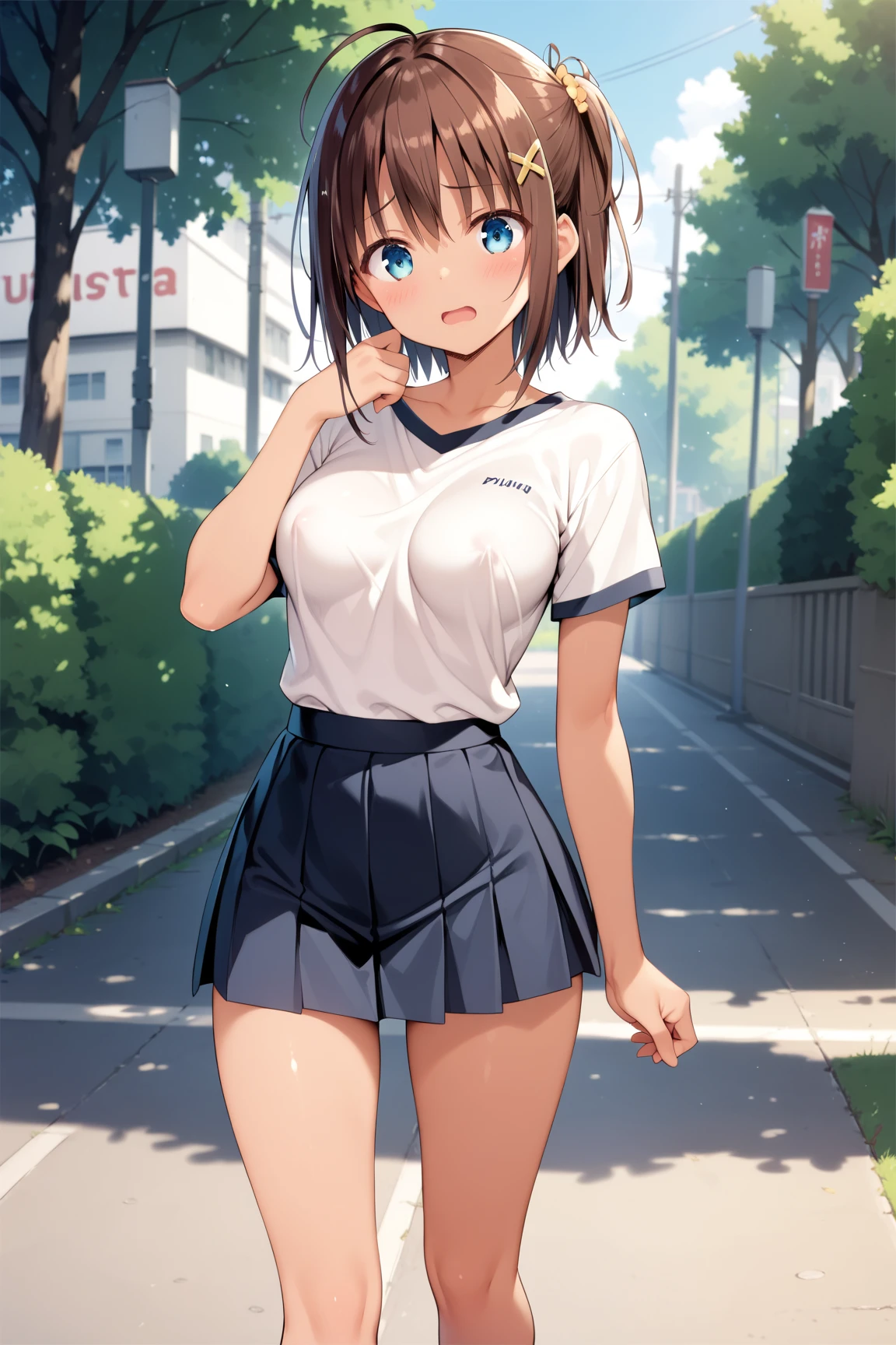 best quality,masterpiece,1girl,solo,(((NSFW))),(((9years old))),japanese girl,an extremely cute and beautiful girl,highly detailed beautiful face and eyes,petit,cute face,lovely face,baby face,shy smile,show teeth,black hair,medium long hair,Hairless pussy,flat chest,skinny,slender,(((wearing a wet transparent white short shirt and grey mini skirt))),(((standing in a school yard))),she is looking at the viewer,hands lift up dress,(upskirt above the waist:1.1),(no panties:1.1),(legs spread wide:1.1),(no bra:1.1)