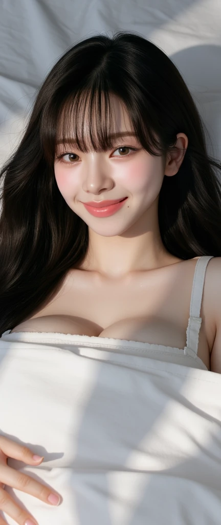 close-up of beautiful korean female, 34 inch breasts size, full body shot, Sensational Make Up, Red Lipstick, sensual Lipstick, red lips glossy, wet lips, Smile, in the room, UHD