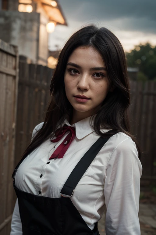 1woman, 25 years old, Japanese, Wednesday Addams, raven-black hair, twin braids, black clothes with white trim, cowboy shot, giant full moon