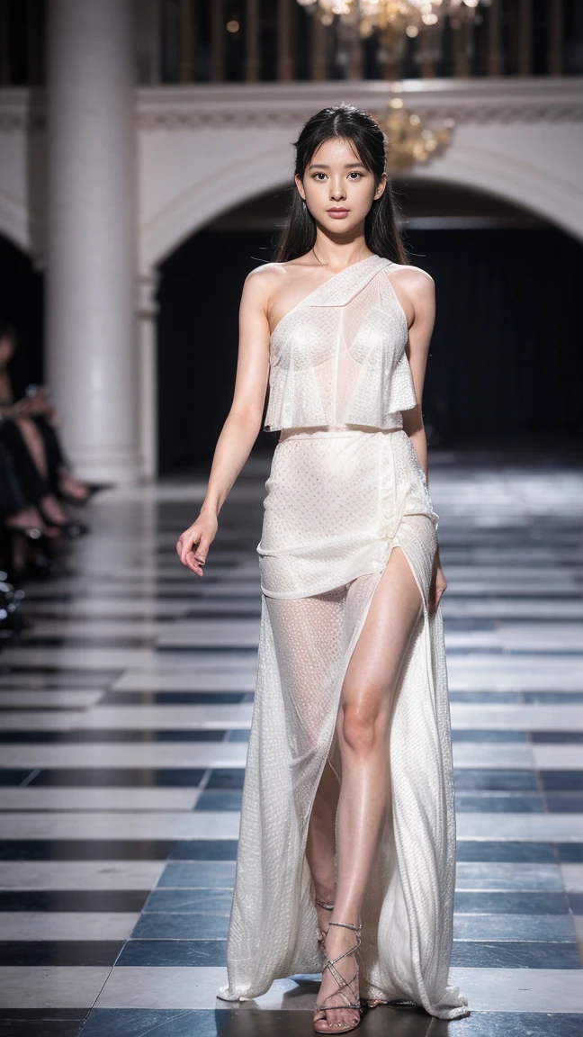 (RAW photo:1.2), (photorealistic:1.4), (masterpiece:1.3), (best quality:1.4), ultra high res, HDR, 8k resolution, 1girl, skinny, solo, white flying hair, from below, walking on the stage, fashion show, (pale skin:1.2), mini dress, braless, covered nipples, (fractal:1.3)