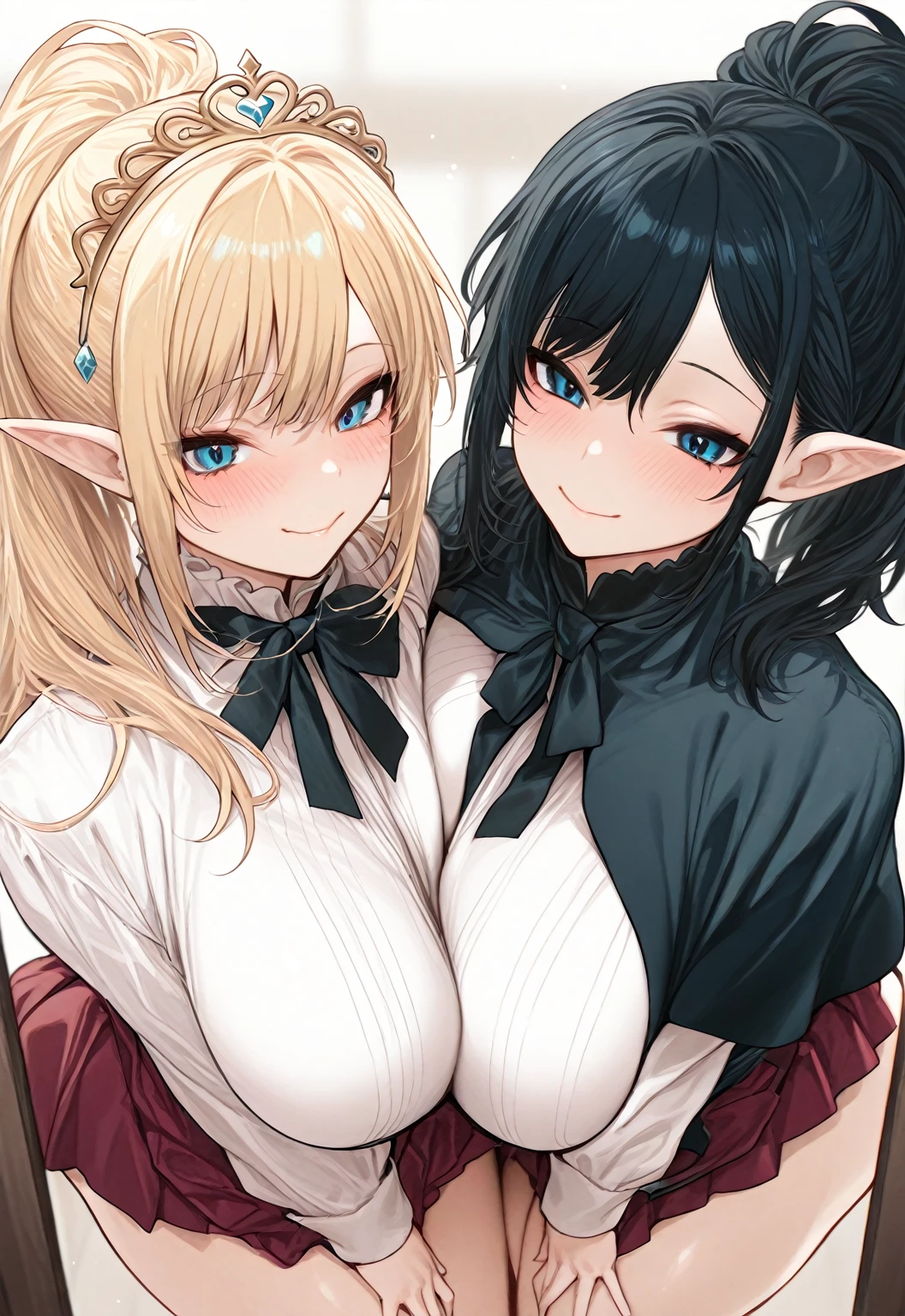 2girls, couple, hugging, (masterpiece, best_quality, ultra-detailed, immaculate:1.3), epic, illustration, welcoming, 1girl, witch, elf, dark azure hair, french braids,Micro Braids, casting spell, in a  computer room, at a dilapidated campsite, bombshell hair, gold hair, side braid, carried breast rest<lora:EnvyBeautyMix24:1>