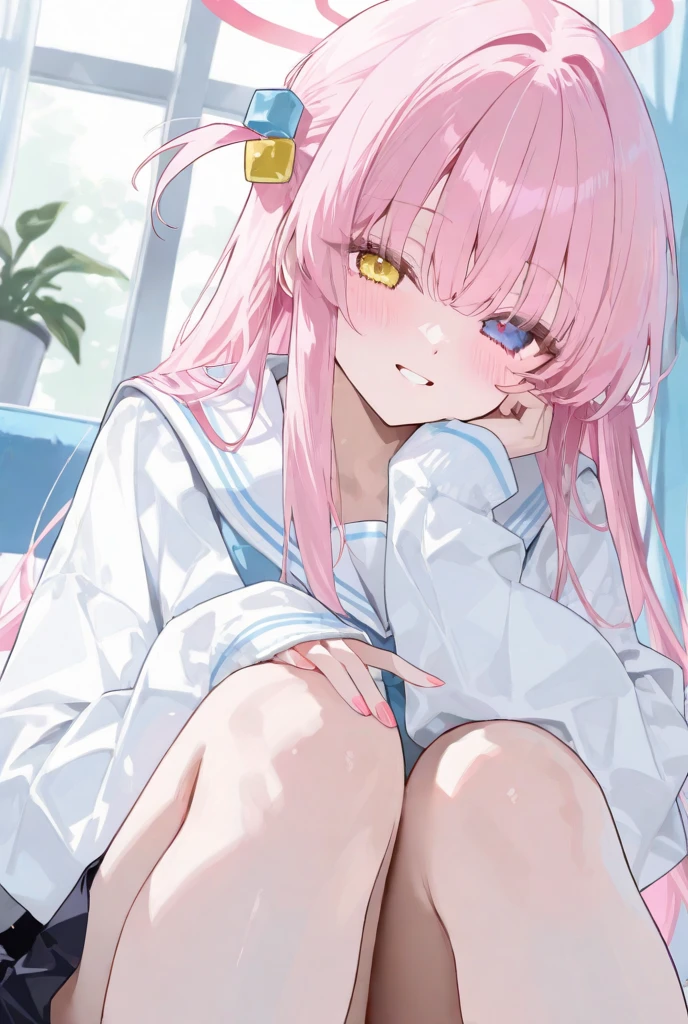 (( bed lying down)), beggar (Blue Archive), Long hair, Pink hair, Green eyes, Pink halo, blue sailor collar,Pink Ribbon Trim, White ribbon, long braid, White Sailor Dress,huge tit