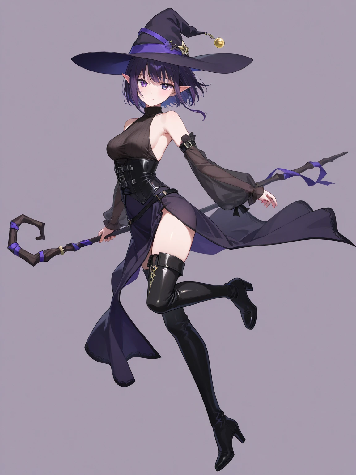 masterpiece, best quality, good quality, Highly detailed, shadowverse style, female, witch, witch hat, purple eyes, purple hair, full body art, modern aesthetic