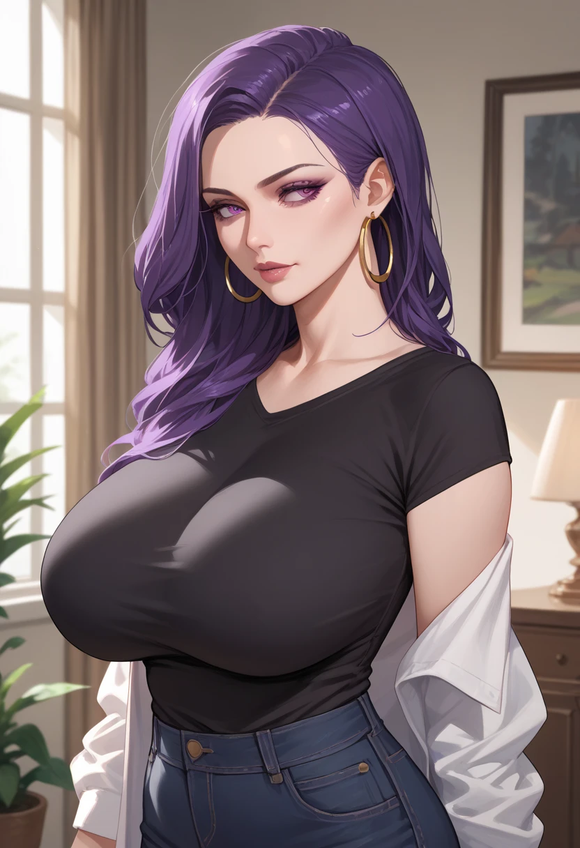 (best quality), (masterpiece), 1 girl, early 20's, huge heavy breasts, busty, massive breasts, thick, thick lips, wide hips, thin waist, purple hair, purple lips, red eyes, downblouse, leaning forward