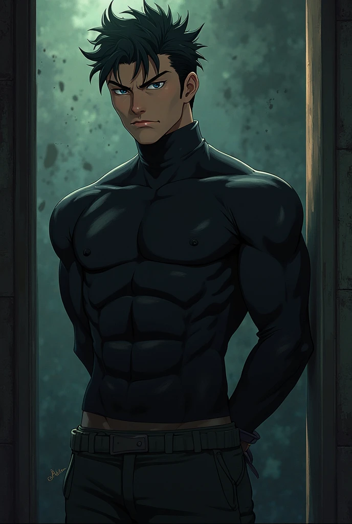 modern, under a clear blue sky, anime style, chiaroscuro, UHD, masterpiece, anatomically correct, textured skin, high details, super detail, best quality, (extreamly delicate and beautiful:1.2), 8K, (tmasterpiece, best:1.0), ((A boy with very short black hair)), short black Quiff hair with Soft Fringe, bangs part on side 5:5 ratio, wearing a loose black sleeve, thin, (sports style), a frontal view of a face looking to the right, displaying a sly smile, Korean illustration style.