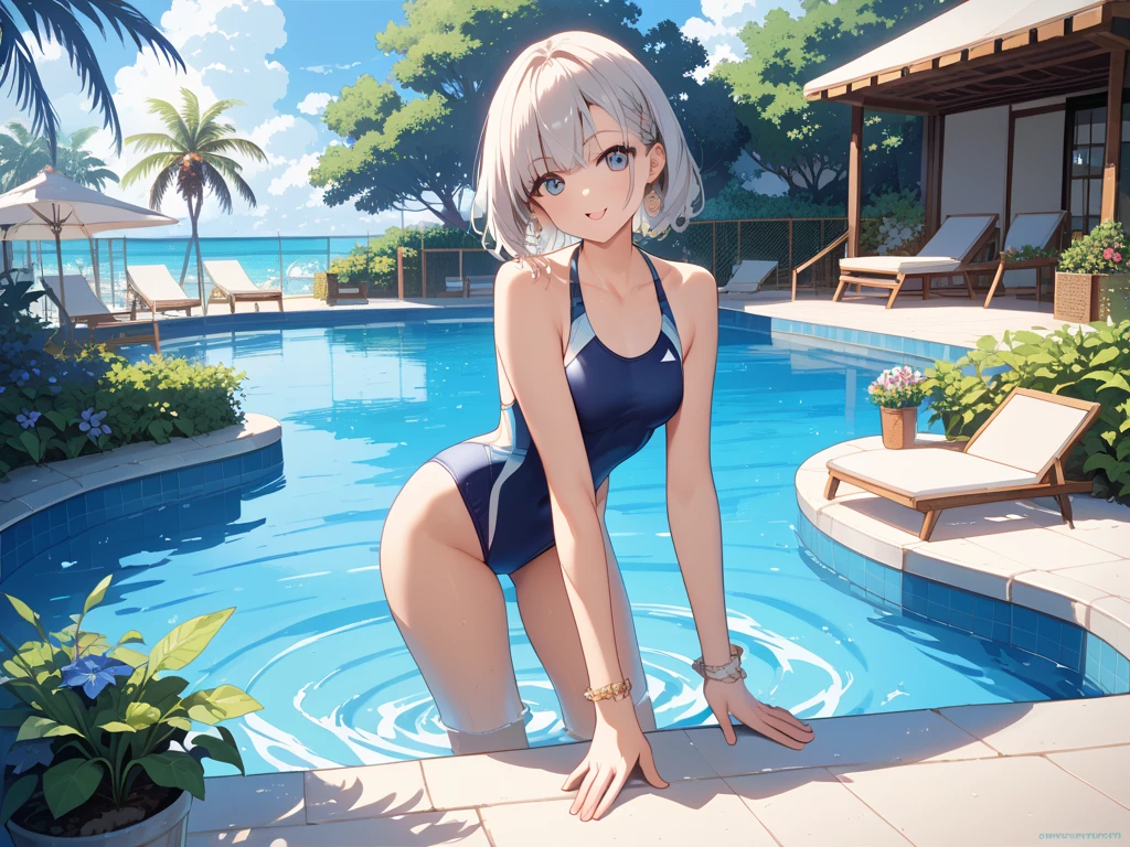 (((From the back)))、She wore a white semi-transparent micro bikini.、Beautiful blonde、Big beautiful blue eyes、Smooth, White skin like porcelain、A slightly plump style is the best、(Super short bob with short nape)、Sharp and stern expression、(((Detailed depictions of the body visible through the very thin material of the swimsuit、Detailed depiction of wrinkles in a swimsuit)))、Maximum Pixels、Photorealistic image quality、(Depiction of pointed areola)、Sitting pose with one leg bent、Glaring at the camera