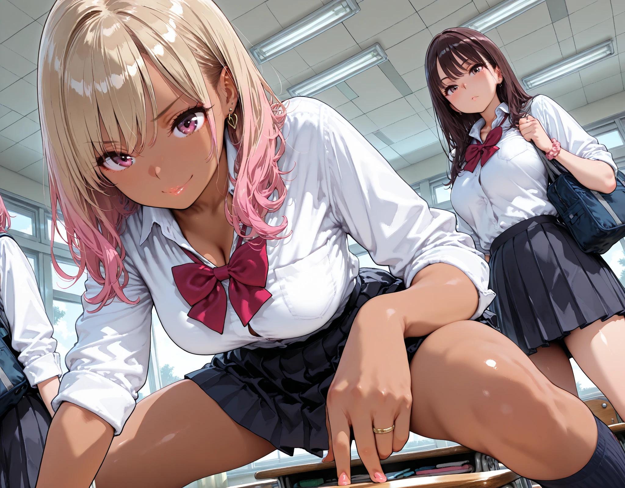 (squirt love juice, female ejaculation, pussy juice trail, piledriver, spread legs, legs up, lying, hold own thighs:2), ((2girls, yuri, multiple hands:1.5), panty pull, crotch grab, fingering pussy, showing pussy, lanugo pubic:1.5), break, female masturbation, arched back, leaning back, (spread legs, leg up:1.2), dynamic pose, girl standing behind girl, girl's arm grabbing a girl's tits,hentai breast grab, break, (crowded school classroom:1.8), (close contact:1.1),(See-through buruma, gym uniform:1.5), (cum:1.4), (cumdrip:1.2), white liquid, (best quality:1.1), (masterpiece:1.0),black eyes, extremely detailed CG unity 8k wallpaper, (photorealistic:1.2), complex 3d render ultra detailed of a beautiful porcelain profile face, vibrant details, break,(Open your mouth wide:1.4), blush, blush stickers, furrowed brow, grimace, screaming, pained face,closed eyes, Detailed lips, Detailed tongue, light brown hair, blonde hair, Huge twintails, Curl inside, Short hair, floating hair, (huge-breasted:1.2), nipples, long nipples, puffy nipples, small areolae,break, (white zettai ryouiki:1.3), pussy juice stain, audience, cum on breast, (large amount of white liquid spills from the crotch, white urine in the ground, white peeing:1.5), bloom, sunlight