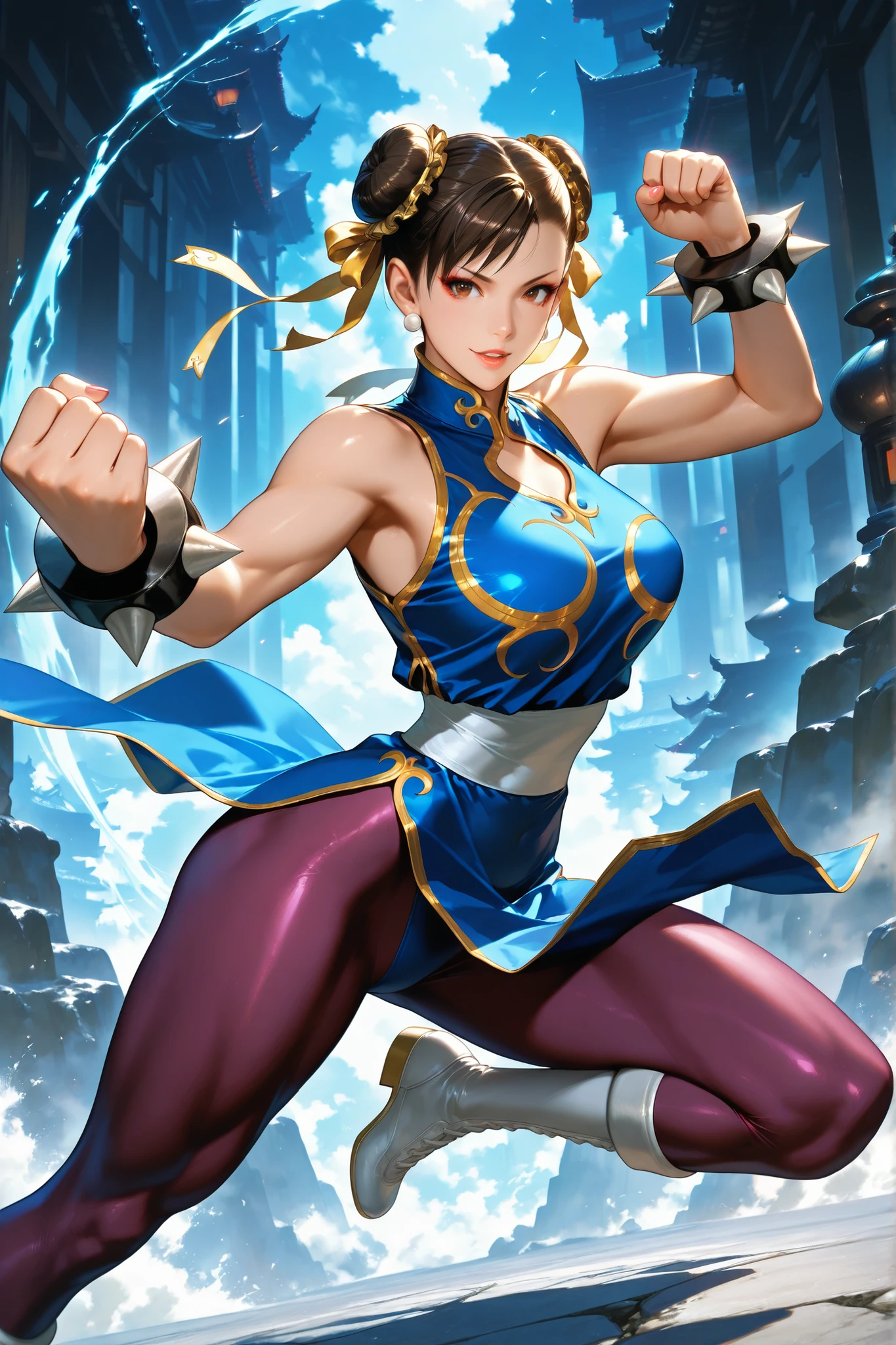 masterpiece, beautiful, 1girl, Chun li, street fighter, boots, bracelet, brown eyes, brown hair, brown pantyhose, bun cover, blue china dress, chinese clothes. cross-laced footwear, double bun, dress, fighting stance, full body, hair bun, jewelry, pantyhose, pelvic curtain, sash, short hair, solo, spiked bracelet, spikes, blue dress,