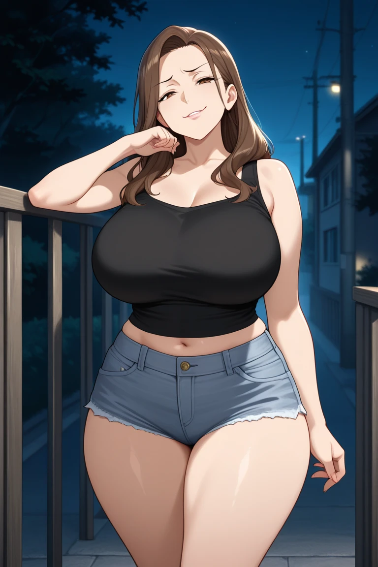 (best quality:1.5, highres, UHD, 4K, detailed lighting, shaders, perfect hand anatomy), blonde thick long ponytail, large breasts, camisole, shorts, cleavage, pov, street background, smiling, sexy, standing