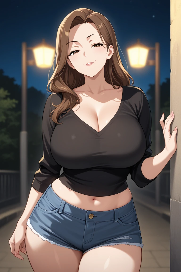 (best quality:1.5, highres, UHD, 4K, detailed lighting, shaders), brown ponytail, busty, sweaters, cleavage, jeans, street background, snow, (pov, close shot), smiling, sexy