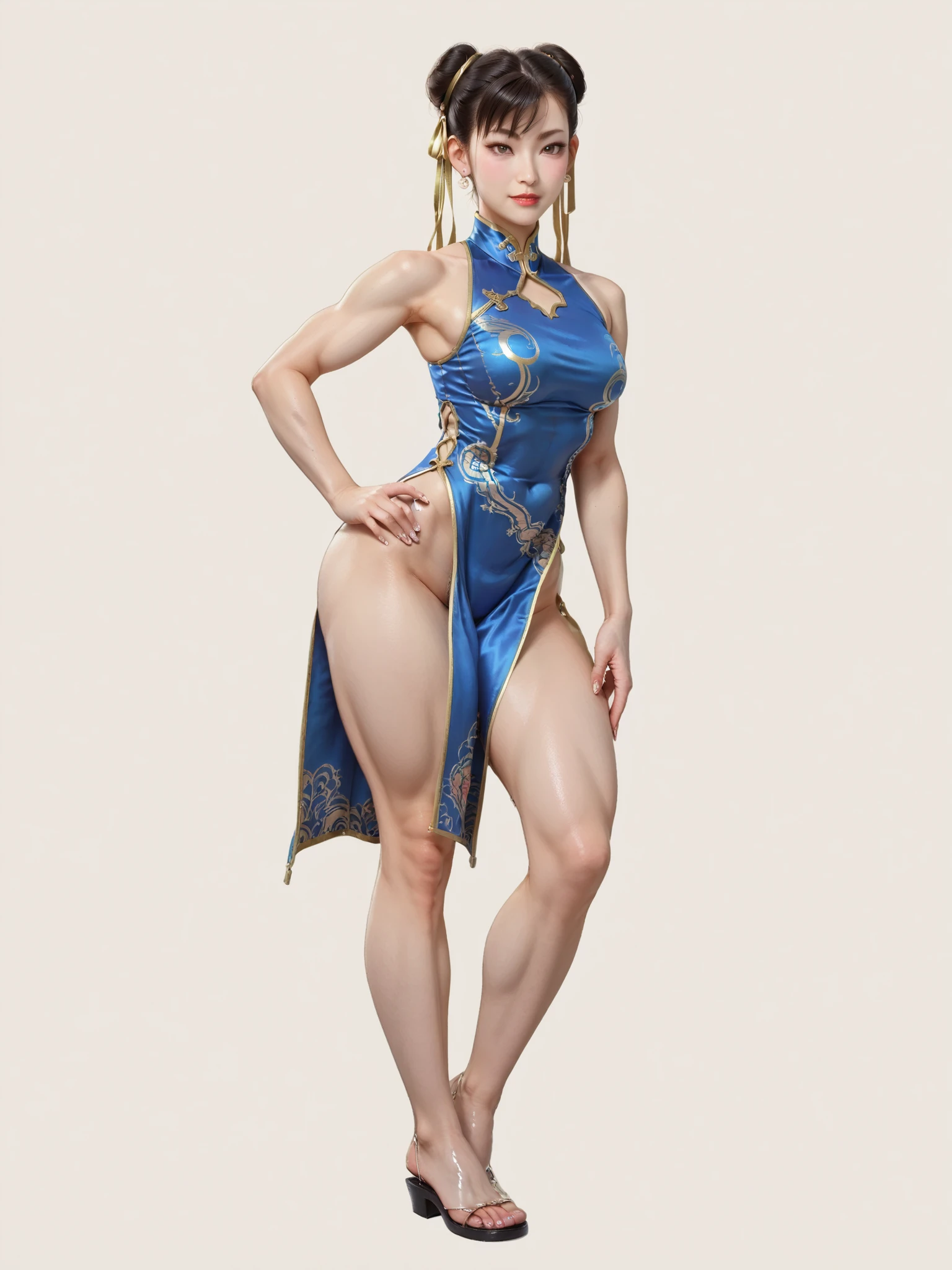 Realistic full body photograph from lateral side of Chun li from a young Chinese woman in her twenties, She's standing, leaning slightly forward, her left leg slightly bent. Her right leg is extended forward, her foot flat on the ground. She has a serene expression that conveys a sense of elegance and composure. Her hair is a deep brown color and is pulled back, styled in two high buns on the sides of her head adorned with white headbands and gold ribbons that fall down the sides of her face. Her eyes are a warm brown and are made up with reddish eyeshadow on the upper lid and dark eyeliner, which emphasizes their almond shape. Her eyebrows are dark, defined, and slightly arched. She has high cheekbones and a delicate nose. Her lips are a natural pink tone and are lightly defined. She wears a short and traditional-style dress that appears to be a very fitted modern cheongsam or qipao, light blue in color with dark blue details and gold piping. The design of the dress features a high collar and a teardrop-shaped cutout at the chest, and a light blue dragon pattern adorns the lower part of the dress. Her body has well-defined muscles, her figure is feminine and attractive, She shows a slender silhouette with defined shoulders, and defined waist, suggesting great strength and developed thighs and buttocks, this contrasts with the power of his limbs, highlighting a strong and balanced build in keeping with his fighting style in video games. Her tight-fitting clothing highlights these features. And she uses poses typical of martial arts. She has an athletic and well-proportioned figure. The portrait of a beautiful young european blonde woman, photorealistic, HDR and ultra-detailed with vivid colors, The skin texture is realistic, Her face is extremely detailed and beautiful, she is posing confidently, she is in China places and her curves and muscles stand out her outfit like a superhero.