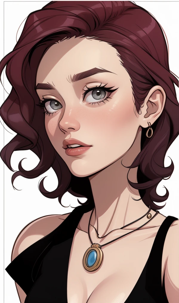 brunette woman curly hair white streak in front black dress, Brown eyes, reddened mouth, Brown eyes escuro, round and wide face Disney pixel animation style
