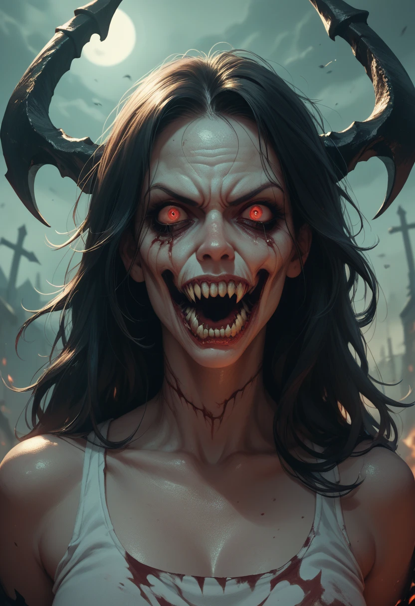 A nightmare mindscape, madness revealed in her grin, piercing eyes, coalescing mists swirl with phantom spirits, her sexual mouth is open up wide, more sexy succubus demon, her mouth open with strong intent to make you cum hard.