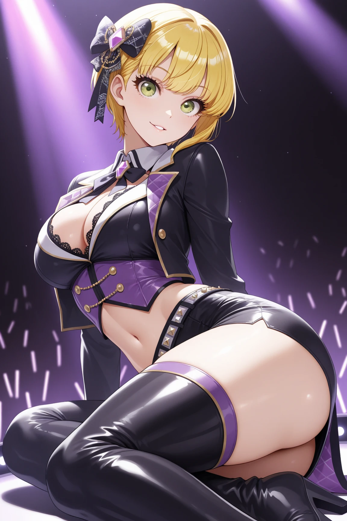#基本
A girl is posing for a photo, ((One Girl)), (((Baby Face:1.2)) + ((cute:1.3))),
#A girl is posing for a photo, ((One Girl)), (((Baby Face)) + ((cute)) + 16 years old),
break
#Clothing Accessories
((Dark purple bodycon:1.5) : (Shiny) + ((Micro Dress)) + ((Golden O-ring)) + (A flashy black belt studded with jewels) + ((The skirt part is a pencil mini skirt)) + (Waist cutout) + ((Tight fit))), ((Dark purple elbow gloves:1.5)), ((Black knee-high stockings:1.4)), (Black High Heels),
((Black Thong)),
(A gorgeous gold bracelet studded with jewels), (red gem earrings), (A gorgeous necklace studded with jewels),
break
#Features
((Blonde)), Curly hair, (Twin tails : Short Hair + Rolled hair + Voluminous Hair + Red string ribbon),
((Droopy eyes), blue eyes, (Big eyes:1.2)), (Big Ass),
break
#background environment
((night), (Red Light District:1.4)),
#Facial Expression Pose
(Wicked Smile, (lure), (Estrus)), ((Waiting for someone with hands on hips), (model posing)),
#composition
((To the camera, Focus from the front, Cowboy Shot)),
break
#Body parts elements
(Slim figure),
(Detailed Hair, Beautiful Hair, Shiny Hair),
(double eyelid, Long eyelashes),
(Expression of fine eyes, Beautiful and delicate eyes, Sparkling eyes, Eye Reflexes, Glitter Eyeliner),
(Human Ear),
(Beautiful Nose, Thin Nose),
(Shiny唇, Beautiful Lips, Thick lips, Shiny唇, Natural Cheeks),
(Detailed face, Symmetrical facial features),
(Detailed skin, Textured skin, Beautiful Skin, Glowing Skin),
break
#Quality Image Quality Common
(((Highest quality)), ((masterpiece)), ((Very detailed))), ((Ultra-high resolution)), ((16K, 1080P)), ((FHD)),
(Anatomically correct), (Realistic), (3DCG),
#Quality image illustration
((comics, anime)), CG illustration,