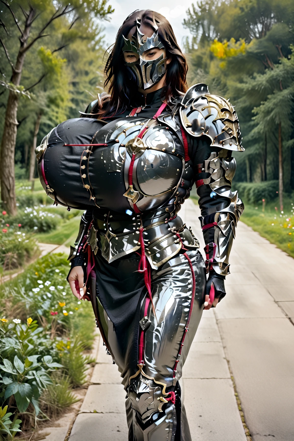 (Muscular:1.9), (thick thighs:1), (muscular chest and shoulders:1.5), (large muscular chest and shoulders:1.4), FEMALE, brown hair, long brown hair, (big smile:0), (wearing cute tight silver knight armor:1.6), looking at viewer, (three quarter view:1.3), upper body view, (forest:1.5), dark lighting, detailed skin, detailed eyes, (dark skin:1.3), (very thin waist:1.6), (huge round muscles:1.9), (one protagonist:1.5),