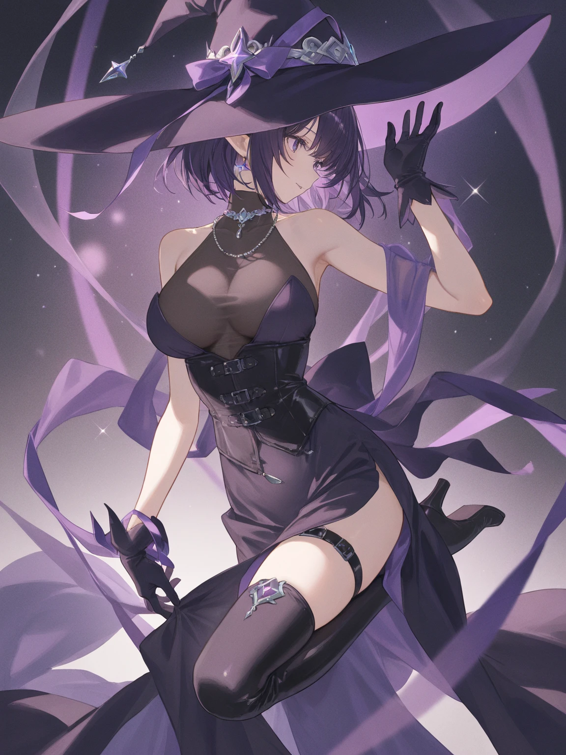 young girl, short black and purple hair, Short braid, bunny ears, Yellow eyes, purple lipstick, Gothic dress, open breasts, Smile, Masterpiece, hiquality