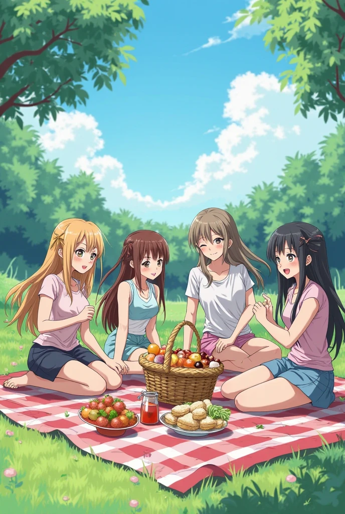 4k, Obra maestra, Grupo de 3 chicas, Todos desnudos, todas con pechos grandes, una es rubia, Uno es el pelo rojo, una es morena, la rubia tiene un pene grande y testiculos, las tres chicas estan felices, en un parque, picnic, Nudistas, Anatomically correct,