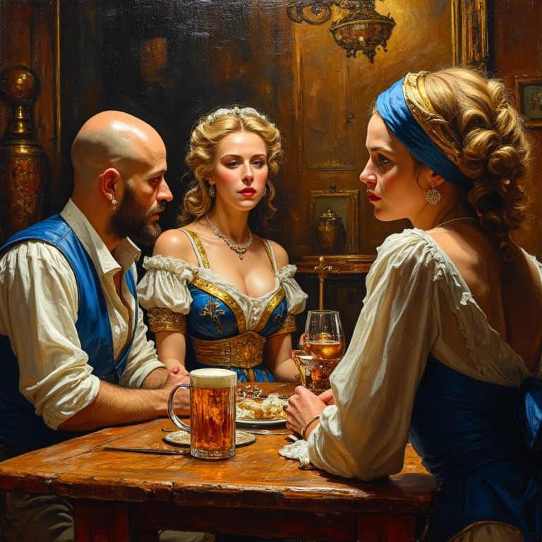 1680-89,1boy, 2girls, a cavalier aristocrat and 2 prostitutes in dresses, drinking inside a smokey bar in Rotterdam, massive breasts, ribbons, makeup, genre painting, dynamic action, gritty, urban, indoors, circa 1689
<lora:1680-89_PNY:1.1> <lora:Dramatic Lighting Slider:1>