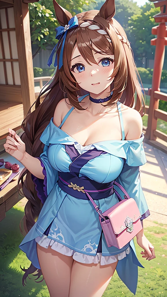 POV,from above,masterpiece,Japanese anime style,Beautiful girl with long straight reddish brown hair and blue eyes,Medium breasts,beautiful face,Smile,Sitting by the lake at night and admiring the moon, Wearing strapless gorgeous Hanfu and black pantyhose,The breeze blew her face,petals falling from the sky,Elegant picture