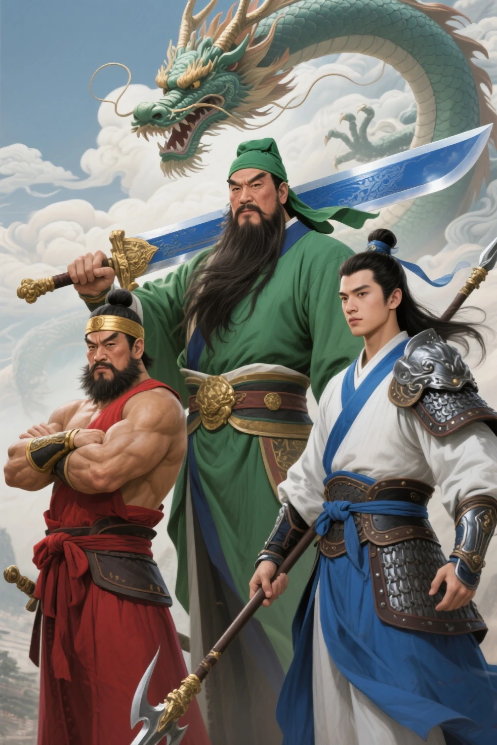 Three Kingdoms、Three Asian men、Seen from an angle、muscular、Large、One is Guan Yu in his forties, has a long beard with a green kimono, grows a long beard with a green headscarf and has a large blue dragon sword、One person is Zhang Fei, who has short hair in his forties, wears a golden band around his head, wears a red hakama, is bearded, and has arms crossed、one is Zhao Yun in his 20s with long hair gathered together in a blue and white kimono holding a spear、armor、Behind them is a dragon and a cloud