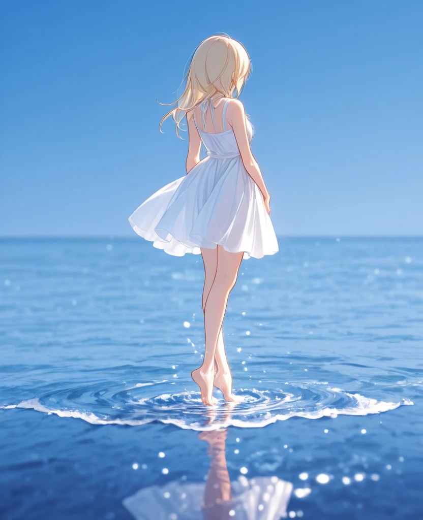 ((Highest quality、、masterpiece:1.3)), Upper Body、Long legs、Sharp focus:1.2, Beautiful woman with perfect figure:1.4、Big Breasts, (Smiling:1.2), double eyelid、30-year-old female、Sexy pose、((((walking on the water,bare foot,Close your mouth、One Woman、dress:1.5))))、Blue Eyes,Fantasy
