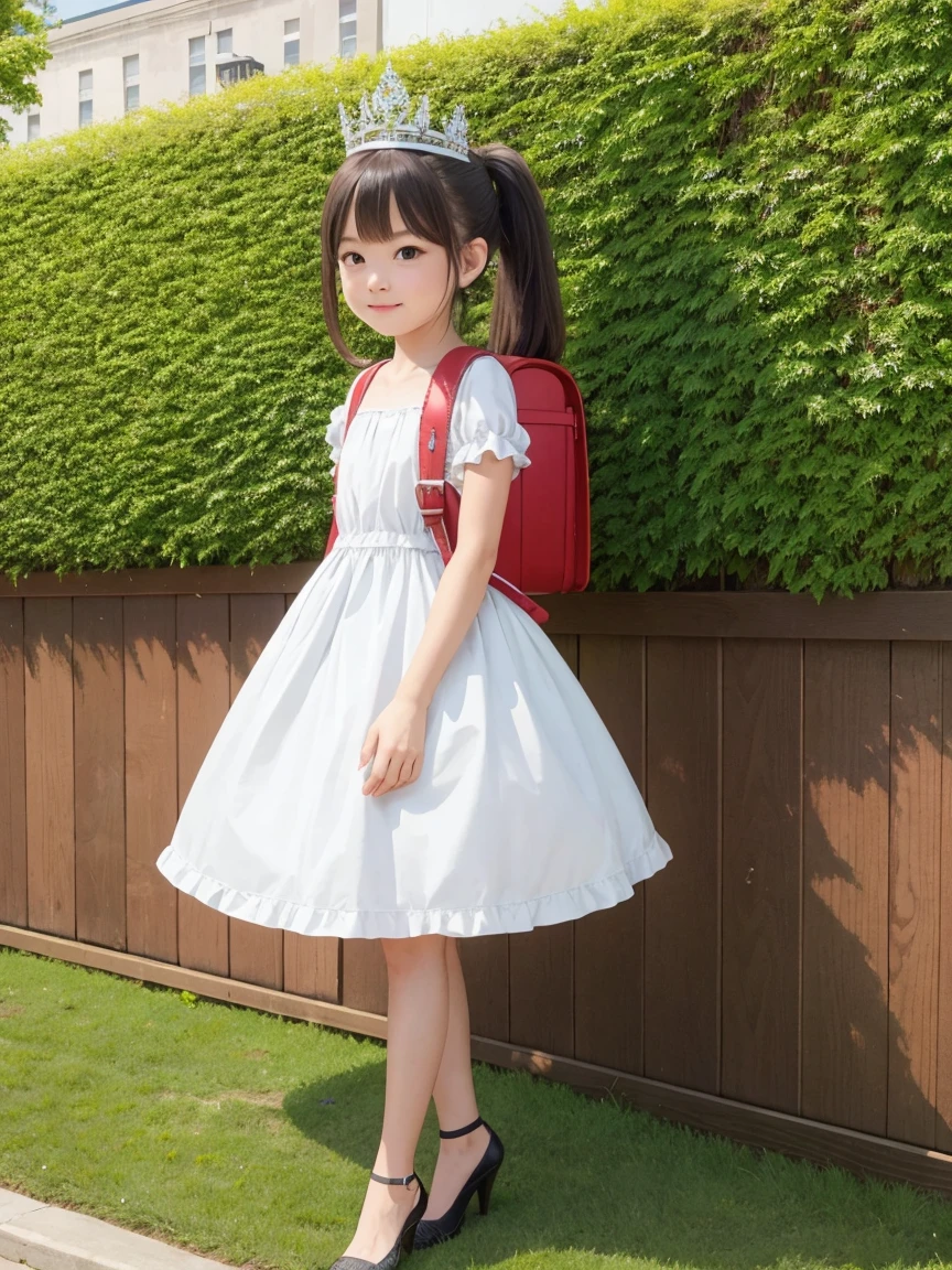 masterpiece, best quality, realistic, 15 y.o girls, high resolution, extremely detailed, detailed background, cinematic lighting, 1girl, looking at viewer, animal ears, wear high heels, dress, puffy dress,lolita dress, standing, rabbit ears,rabbit hear bands, short sleeves, looking at viewer, grass, medium hair, smile, brown hair, puffy sleeves, outdoors, puffy short sleeves, bangs, full body, wearing red backpack, (backpack:1.0), white dress, sunlight, brown eyes, dappled sunlight, day