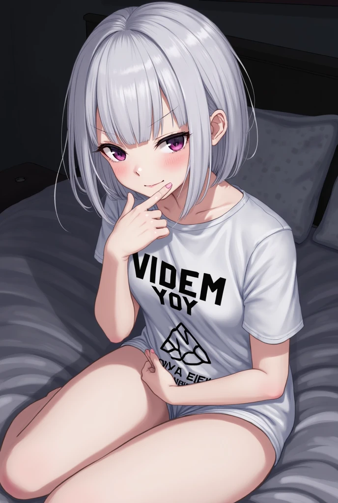 older woman, mature, middle-aged, solemn, serious, long hair, lavender hair, messy hair, violet eyes, completely white skin, white skin, colorless white skin, no skin color, skin literally white, blank expression dark eye sockets, long plain black t-shirt, no pants, indigo panties, dark, dark bedroom, abandoned bedroom, night, dim light, dark lighting, dark, dark, dark, night, night, night