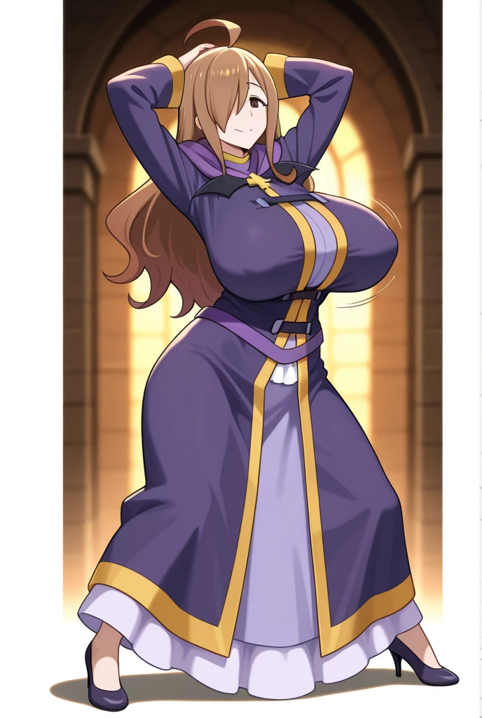 (masterpiece, best quality:1.3), Cheekie, 1girl, solo, looking at viewer, wide hips, mature female, closed mouth, seductive smile, large breasts, cowboy shot, muscular female, thick thighs, <lora:Cheekie Style Lora:.9>, wizdef, brown hair, long hair, ahoge, brown eyes, dress, purple dress, cross, <lora:Wiz - Konosuba v1:.8>