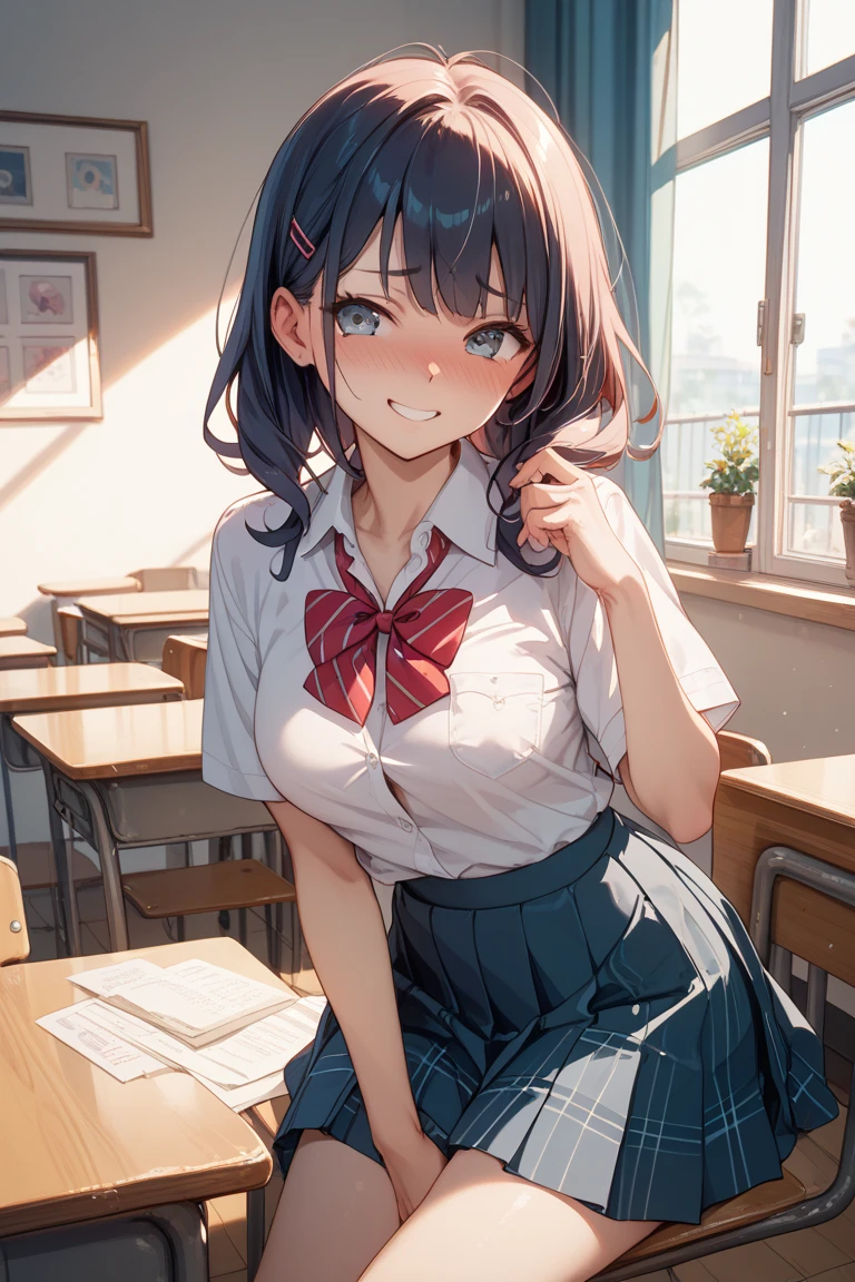 ((masterpiece,Highest quality:1.3,best quality illustration)),((realistic:1.2)),cowboy shot,独奏,1woman,18 year old beauty、black hair,short bob hair,(center parted bangs),black eyes,(gorgeous big eyes),((very small head:1.3)),shy,smile,((slender body,skinny)),(tan skin:1.4),small breasts,White short-sleeved collared shirt、red bowtie,Navy blue pleated mini skirt),gleaming skin,oily skin,slender body,sweat,classroom、School、Tokyo、