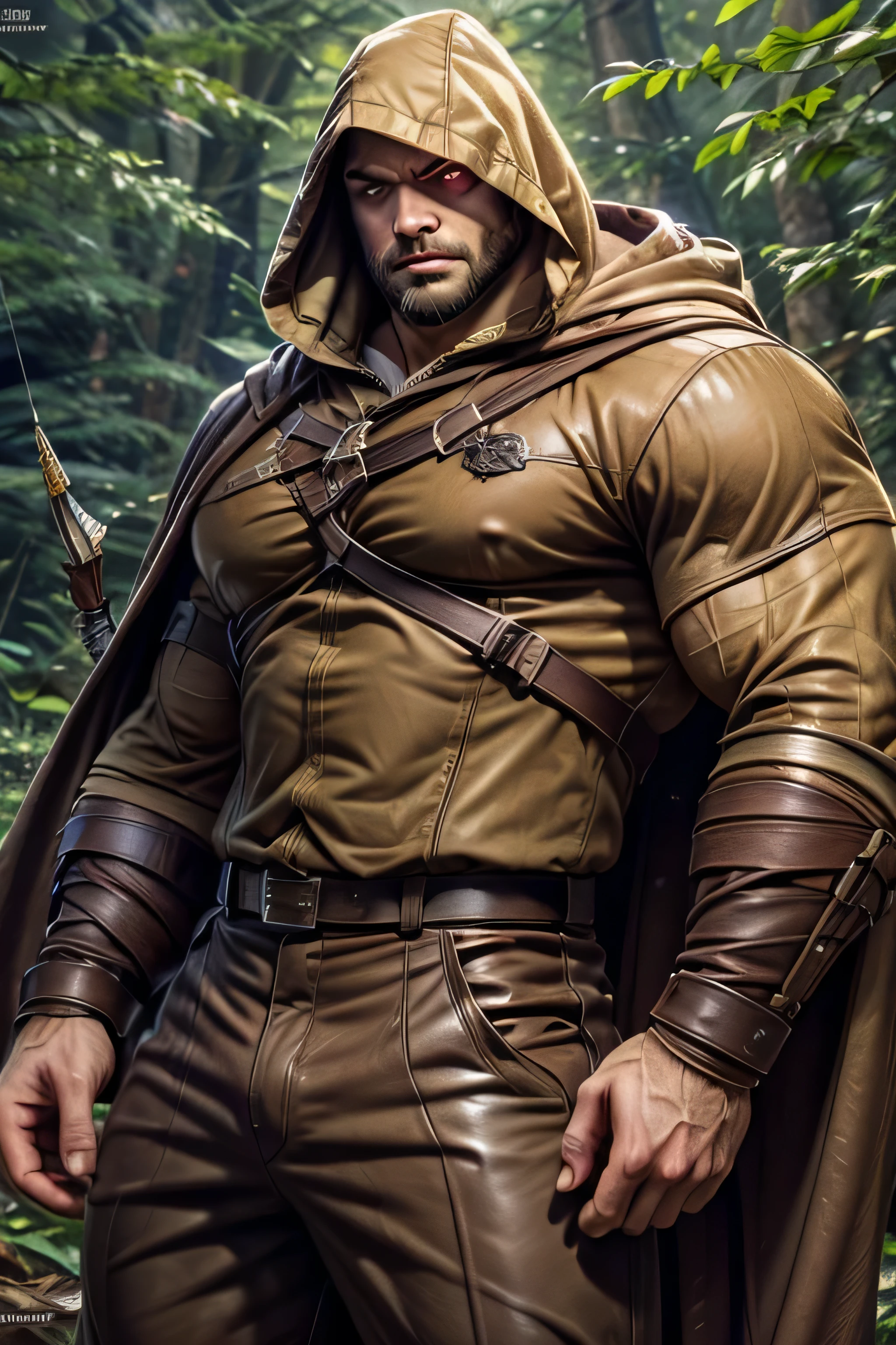 (8k, high definition, masterpiece) A burly and handsome Hispanic adventurer. thick stubbles. hyper-masculine. wearing a collared long-sleeved beige shirt. wearing leather bracers. brown pants. black-hooded cape. wearing a mustard-yellow shoal worn over the neck. scared left eye. (brown, black, and yellow color palette). aiming with a bow and arrow. in a forest. late afternoon. blurred background.
