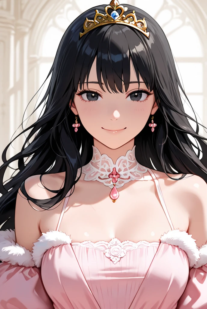 Screen capture Anime NANA, adult female, long wavy black hair, natural Korean makeup, soft lips, lip gloss, blue eyes, delicate expression, delicate smile, delicate and cute style, costume with lace, pastel Pink/white/pink costume, coquette style, big and delicate nails, careful hair, top quality, idol girl.