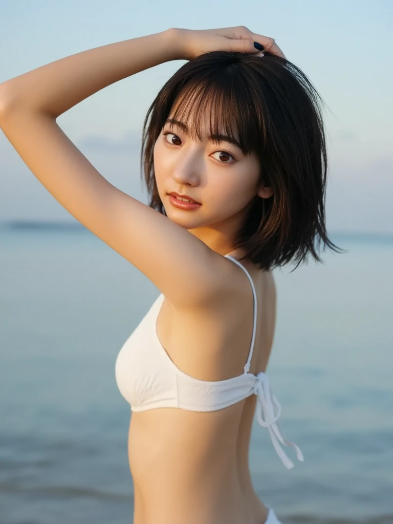 high resolution、Japanese women、beautiful、Beautiful woman、Woman in her 20s、Short Hair、Small Face、Ocean、beach、beautiful、Realistic、She is wearing a white tank top over a black bikini