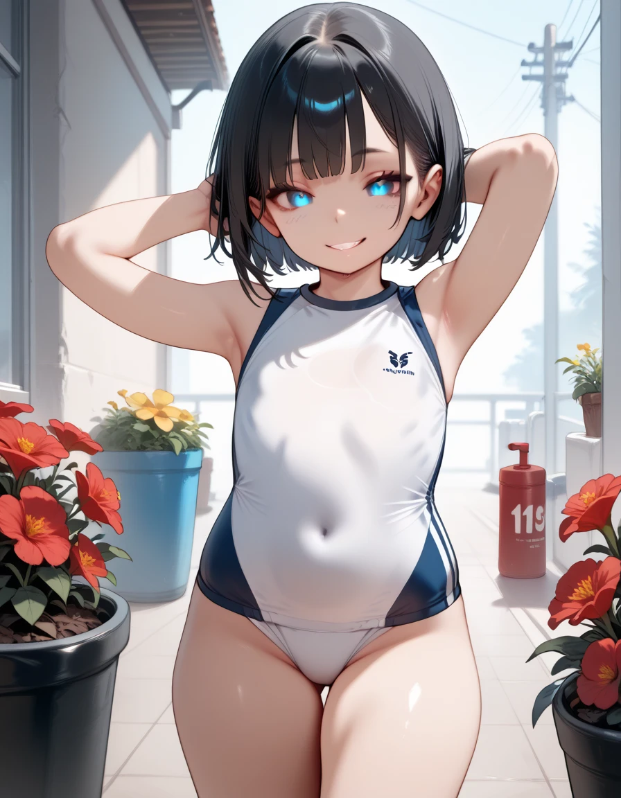 One girl, young, swimsuit, V-shaped swimsuit, swimsuit with tiny amount of fabric, obscene swimsuit, obscene design, revealing a lot of skin, exposing navel, ultra-thin V-front micro plunge swimsuit, (Black ultra-thin V-front micro plunge swimsuit)