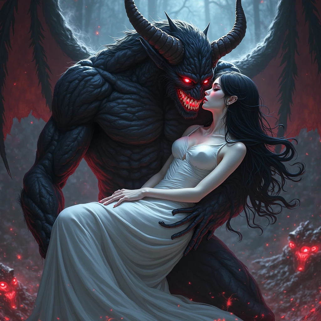(a beautiful young victorian girl in torn dress is enjoying the lap of her huge demon lover), big cleavage, (a beautiful young woman riding the lap of her huge demon lover), (she is spreading her legs wide open surrounding the waist of the horrific demon), the demon licks her face with a long forked drooling tongue, her body is covered with a sheer sexy tunic, the scene happens in a river's shore in a forest at nightfall