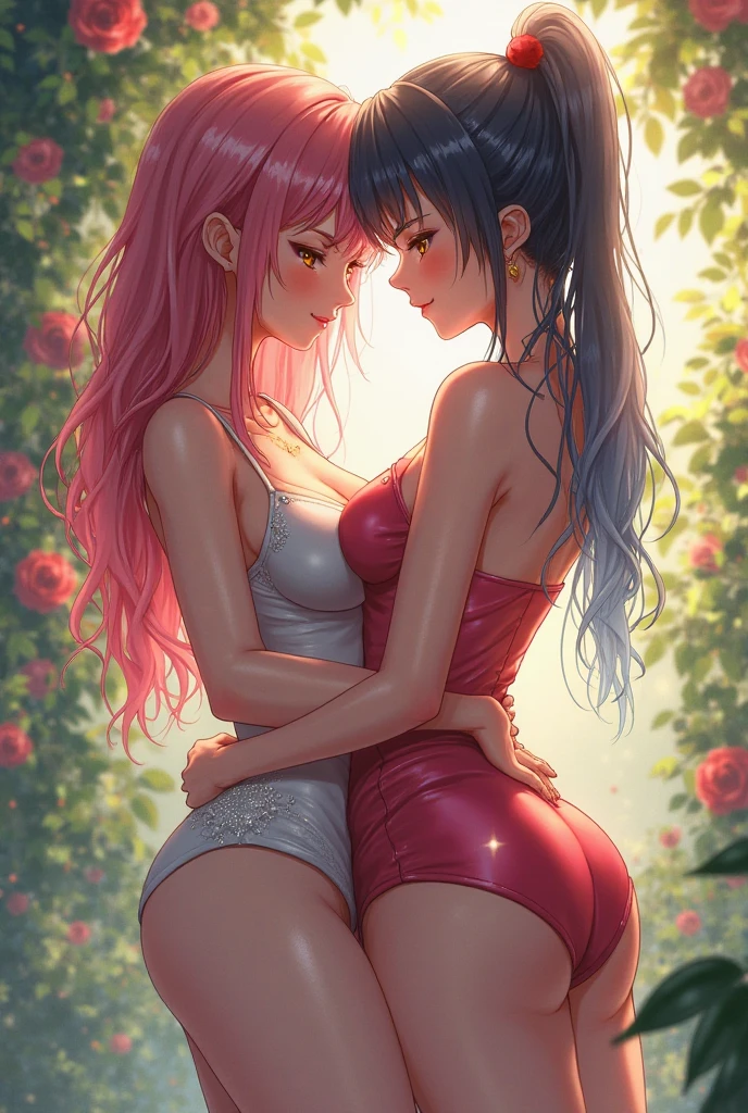 Best quality,Amazing,Masterpiece,Delicate,超高分辨率,Ultra detailed,intricately details,Beautiful detailed,8K resolution,(Extremely detailed Cg Unity 8K wallpaper),Sharp focus,((No text)),breast conscious,Huge bare breasts,Areola bareness,Bare breasts explode,Lively bare breasts,Bare breasts,High transparency and transparency of bikini tearing，，Tongue stock,Makeup,Happy,Reflectors,ahegao,Pink eyes,Heart earrings,2girls,Female pervert,view the viewer,hair flower,Long hair,multicolored hair,Shiny hair,Barefoot,Bottomless,Thick thighs,Bare legs,Look at each other from the front、((Feminine kiss))、(((French kiss for women)))、Women hugging each other，As if pushing each other、Staring at each other、Moist eyes、half-open lips、Beautiful、Red blush(0.2)、Functional、seductiv、Trance、instigate、Beauty、bustup、Shunguang、、Shoot diagonally down from the front、precise drawing、Detailed drawing、Precise anatomy、