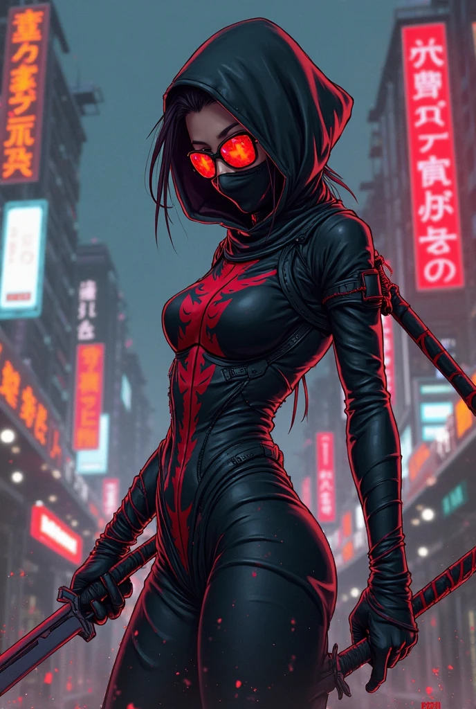 Beautiful girl fused with a spider. Kunoichi. Ninja Woman. Female Solo. Red glowing eye mask. eye mask.Spider legs.