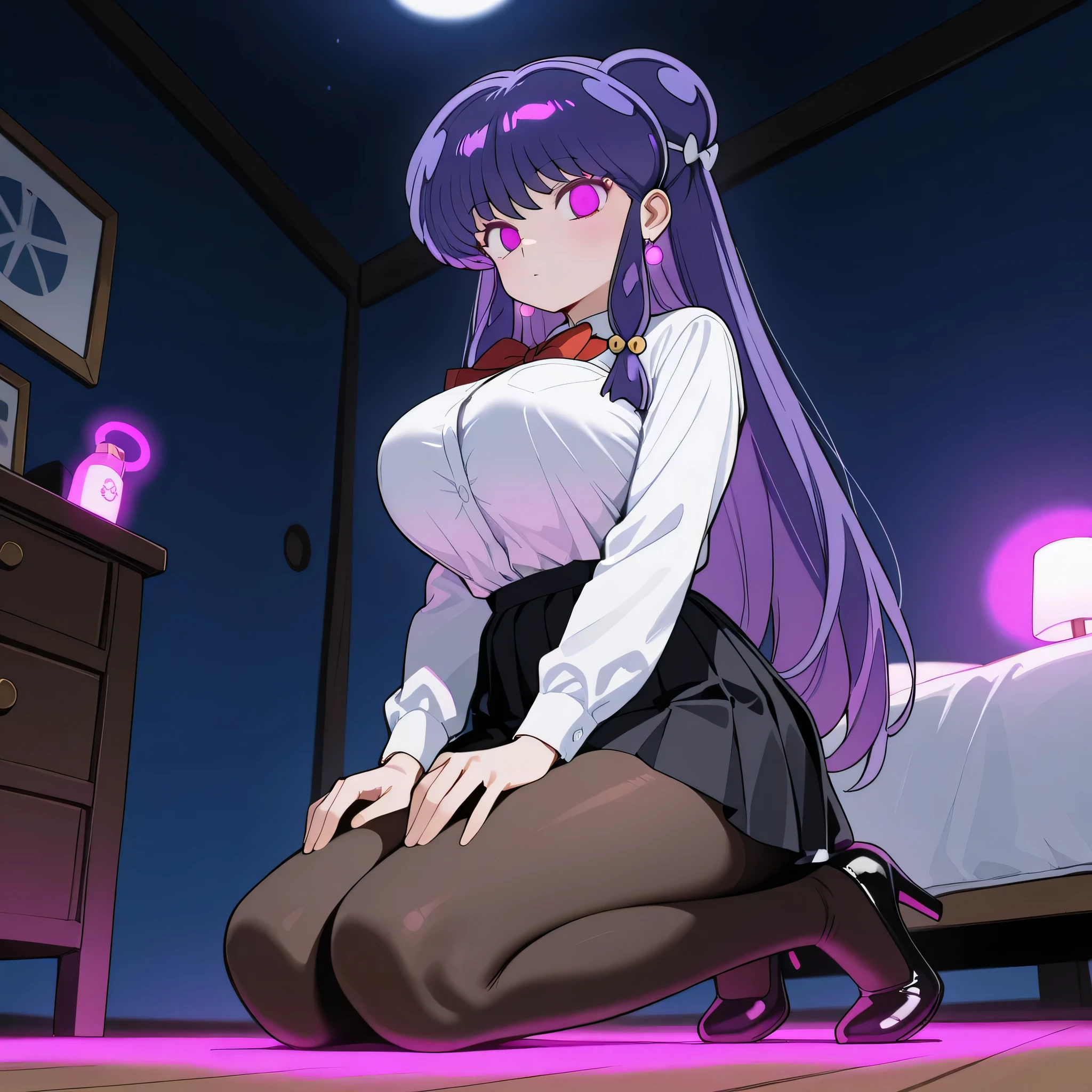 score_9, score_8_up, score_7_up, 1girl, solo, (top quality, 8k), high resolution, smooth, best quality, highly detailed, looking at viewer, bedroom at night, (dark room), ((from below)), huge breasts, glowing hypnotic waves in the background, at night, ((perfect hands)), beautiful hands, ((slim fingers)), expressionless, masterpiece, high quality, absurd resolution, beautiful hands, blush, hypnotic eyes, glowing purple eyes, empty eyes, white blouse, boob tent, taut clothing, black pleated skirt, black pantyhose, kneeling on floor with legs together, perky breasts, high heels, being hypnotized, full body shot, v_arms, hands on knees, jewelry, earrings, Shampoo, ranma 1/2, purple hair, very long hair, schoolgirl cosplay, very thin legs