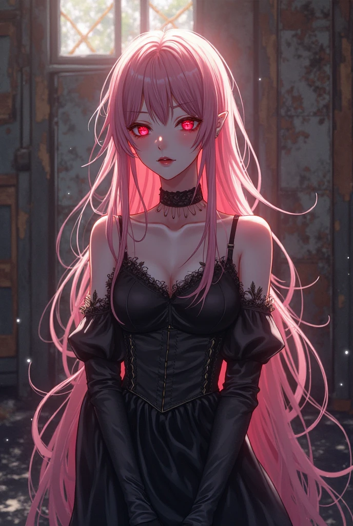 Arafed, dark fantasy art, glamour shot, award winning shot, photorealistic, a portrait of a female vampire drinking a glass of blood,, pink hair, long hair, red lips, glowing eyes, there is an imprint of white rose, dynamic color, she wears, an elegant (black dress: 1.5), blood dripping from lips, cyberpunk bar background, 16k, ultra detailed, masterpiece, best quality, (extremely detailed), Dark Art Painting Style