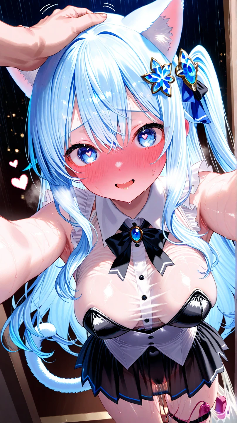 cute,Highest quality,Woman wearing lace-limited lingerie,White blue,Large Breasts,Twin tails,bonnet,Blue Eyes,Shy face,cute eyes,puffy eyes,ベッドの上,座り,スタイルが良い,美しい胸,