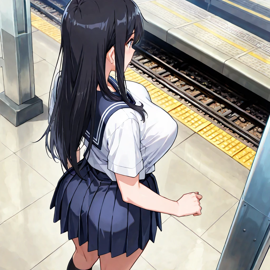 (((masterpiece, Highest quality:1.5,absurdres))),nsfw,after rape,,motion line,25 year old beautiful slave,独奏,((very small head:1.3)),long hair,bangs,(dark blue hair),dark blue eyes,gorgeous eyes,tears,sad,medium breasts,((very long body:1.3)),((toned body,slender body)),skinny,((tan skin:1.5)),gleaming skin,shiny skin,sweat:1.3,White sneakers、creampie,bukkake,naked,nipples,navel、vagina、Black leather collar with chain、handcuffs、subway、Station platform、Lots of passengers、Inside the train、New York City、