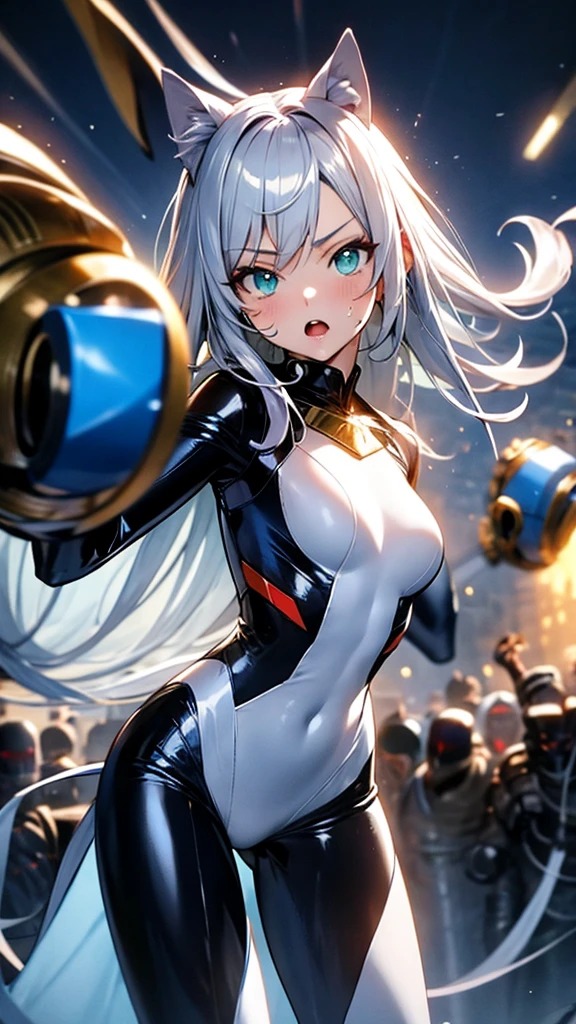 ulzzang -6500-v1.1,(Raw foto:1.2), (Photorealsitic:1.4), hight resolution、An ultra-high picture quality。 (Detailed super beautiful one woman。Tall slender 24 years old、White technical wear and futuristic women's battlesuit(for urban warfare、Details will be described later.................)Please wear),Equipped with a large laser rifle、Always ready to shoot、 disheveled short brown hair、Wearing a small headset、fullllbody, nffsw(HighDynamicRange), Anisotropy Filtering,depth of fields,Maximum clarity and sharpness,, ((Beautiful large breast)(Sagging udder)、((The chest and lower body are lightly armed and the skin is exposed, however、Can withstand combat))、Beautiful athlete thighs、Trained abs、skin tanned、 Realistic Professional Lighting,、 ((dynamicposes))、 Sophisticated gaze hereinafter、battle suits(for urban warfare)pronpt: Color scheme: Basic colors: blanche、Gunmetal and metal silver accents。 Suit design: With a shape that fits the curves of the body、Fine details、The visible part that supports the movement of muscles and joints。 Advanced electronics and sensors are built into the whole body、Especially the back of the hand and the arm、Stand out at the ankle。 Especially chest armor、backs、Placed on the thigh、Has the ability to prevent attacks from laser guns。 In the center of the chest there is a slit-shaped opening,、Some troughs look designed.。 headset on head: Small antennas and sensors、Ultra-compact speaker and microphone、Attach to the side and top of the headset。 arma: Large laser rifle: There is a sense of unity in the design of the suit.、white and black、Uses gunmetal livery。Built-in ability to share information with suits in real time。 Ancillary Machinery: Large railgun