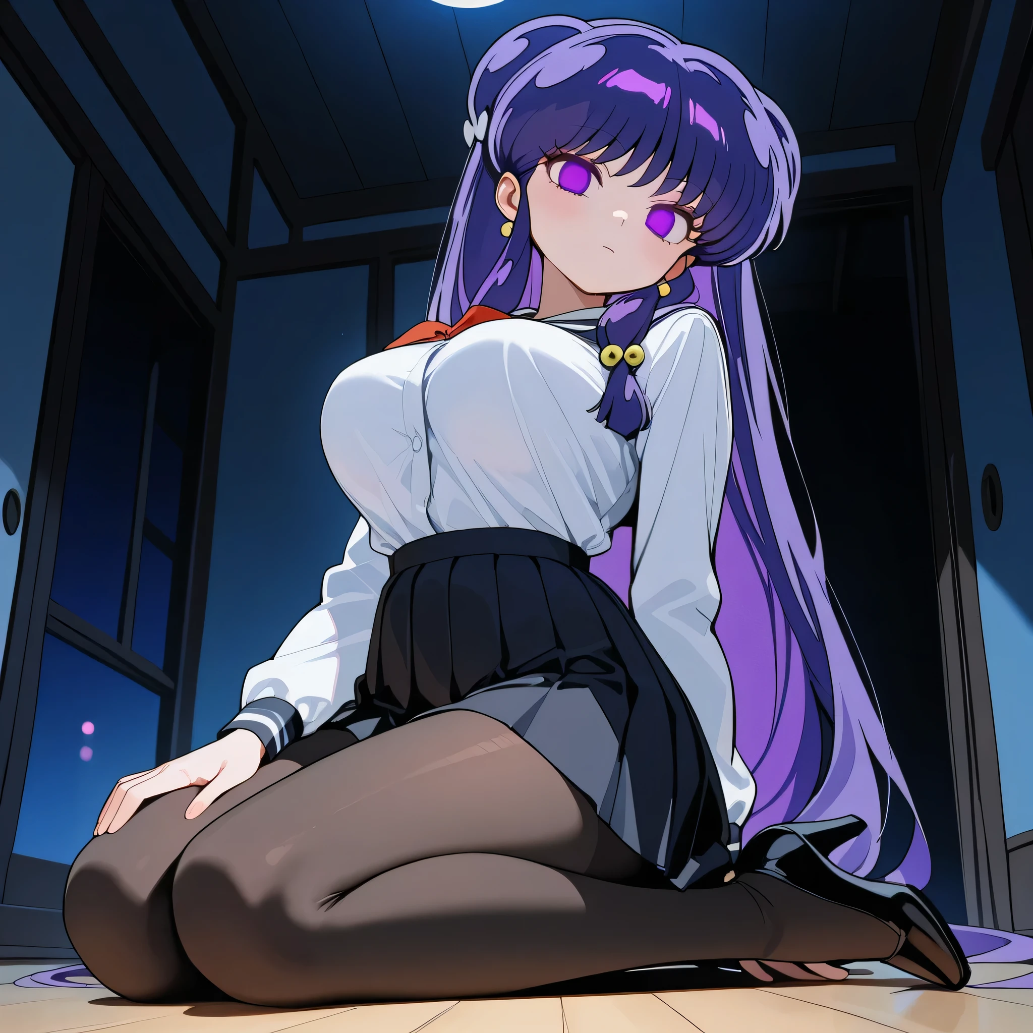 score_9, score_8_up, score_7_up, 1girl, solo, (top quality, 8k), high resolution, smooth, best quality, highly detailed, looking at viewer, bedroom at night, (dark room), ((from below)), large breasts, covered breasts, glowing hypnotic waves in the background, at night, ((perfect hands)), beautiful hands, ((slim fingers)), expressionless, masterpiece, high quality, absurd resolution, beautiful hands, blush, hypnotic eyes, glowing purple eyes, empty eyes, white blouse, boob tent, taut clothing, black pleated skirt, black pantyhose, kneeling on floor with legs together, perky breasts, high heels, being hypnotized, full body shot, v_arms, hands on knees, jewelry, earrings, Shampoo, ranma 1/2, purple hair, very long hair, schoolgirl cosplay, very thin legs, long legs