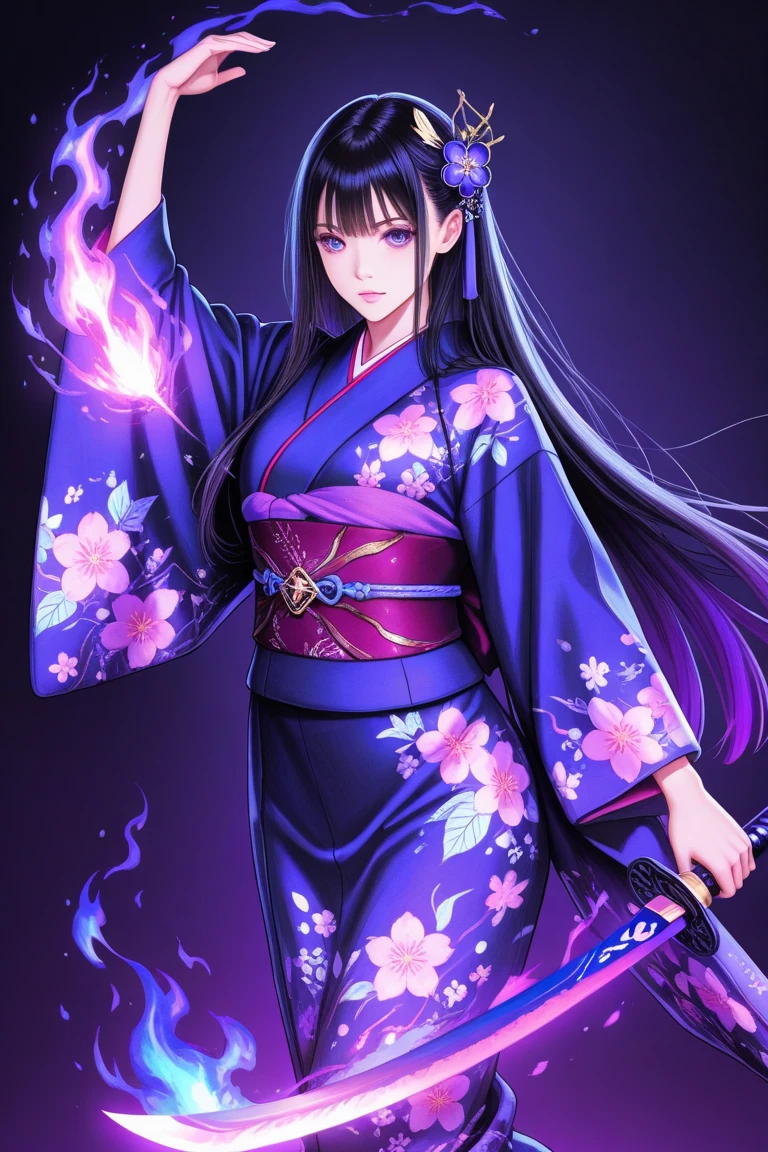 (Highest quality),(masterpiece), 8k,Very detailed, Detailed light, Best Shadow,Detailed reflective eyes, Beautiful Eyes, Very detailedな顔,Shiny Hair,sexy,Big Breasts,Charm,One person,Gloss,nezuko,Demon slayer,kimono,Black Hair,Wisteria flower,Charm,Expressionless,looking at the camera,Standing posture,Glowing Eyes,From above,night,